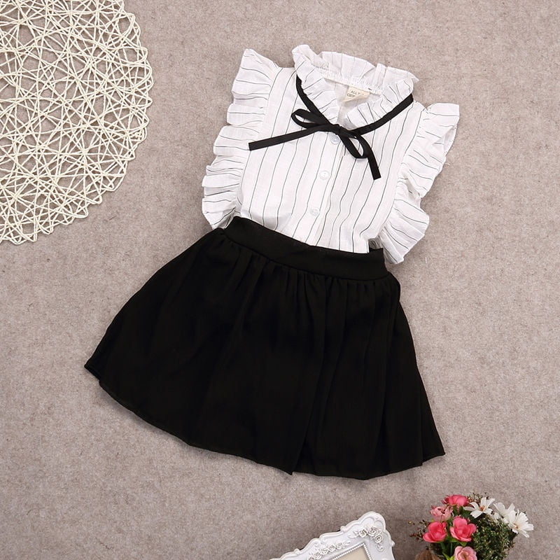 2-7Y Baby Kids Clothes Off Shoulder Ruffle Sleeveless Tops Solid T-Shirt Plaid Bow Shorts 2Pcs Summer Outfit Set